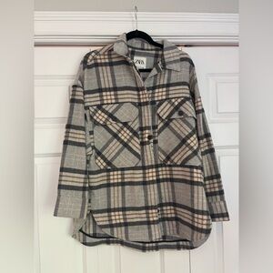 Zara Gray and Cream Plaid Shirt Jacket